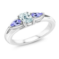 Gem Stone King 1. CT ovalno nebo Plava akvamarin plava tanzanit sterling srebrni 3-kameni prsten