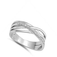 Bijeli kubični cirkonijski križni križni prsten tkati. Sterling Silver Band nakit ženska veličina 9