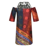 Retro haljine za žene vintage ljetni okrugli vrat Print rukave s rukavima Crveni XL