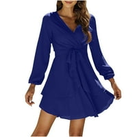 Dugo ruffle rukave V-izrez Čvrsta nepravilna plava ženska haljina ljetna veličina s