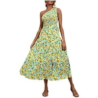 Solacol Womens Ljetna haljina ženska Boho ljeto tiskana jedna ramena bez rukava s rukavima s duplicom