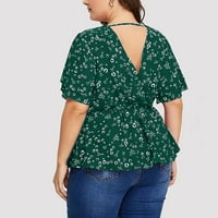 Ženska plus veličina V izrez s kratkim rukavima ruffles tiskana majica vrhunska bluza bez leđa