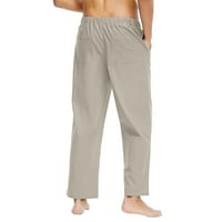Hinvhai Muške hlače, muškarci Čvrsti elastični pojas Pocket pamučne posteljine panele pantalone Sive