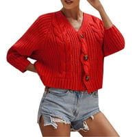 Hanzidakd Ženski gumb dolje kardigan jesen i zimski dugi rukav pamučni čvrsti kardiganski džemperi crveni