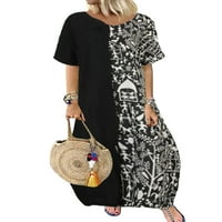 Pfysire ženski cvjetni print kratki rukav dugačak maxi haljina patchwork sandress crna 3xl