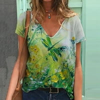 Cethrio ženske majice - modni V-izrez kratki rukav ljetni ispis labavo bluza je zelena