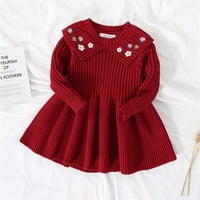 1- T Djeca Toddler Djevojka DUGE DRESS Cvjetni vez rebrasti pletene pulover haljine za djevojčice, crvene,