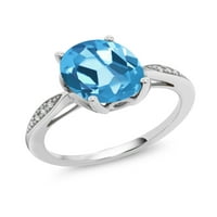 Gem Stone King 2. CT ovalni švicarski plavi Topaz bijeli dijamant 14k bijeli zlatni prsten