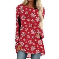 Žene Casual T-majice- V izrez pulover dugih rukava TOP božićni print labavi jednostavni vrhovi crveni