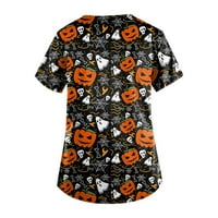 Halloween majice za žene dame kratkih rukava V-izrez Halloween Print džepni njegova gornja narandžasta
