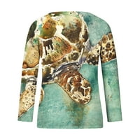 Oalirro ženske bluze Jesen V izrez dugih rukava u stilu Turtle Turtle Ispis slatki vrhovi zeleni xxl