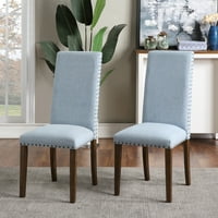 Set elegantnih tapaciranih stolica u plavom posteljinu, elegantni akcenti bakra, savršen za trpezariju