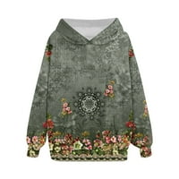 HHEI_K Womens Dukseri Pulover Ženska modna dugi rukava Labavi okrugli vrat Fleece Floral Print s kapuljačom