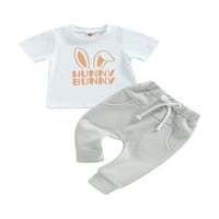 Thaisu Toddler Baby Easter Outfit, zečji uho pismo Ispis majica kratkih rukava + čvrste boje elastične