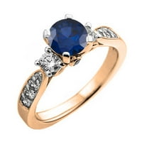 1. Carat 10k Rose Gold Round Blue Sapphire & White Diamond Dame Stone Bridal Angažman prsten CT