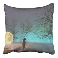 Noćni krajolik mlade žene gledajući pali mjesec na poklopcu jastuka za digitalni jastuk jezera