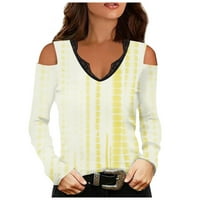 Ženska modna ležerna štampa dugih rukava V-izrez čipkasti patchwork majica