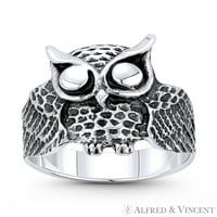 Owl Animal Charm znanje i mudrost Totem desni prsten u oksidiranom obliku. Srebrna srebra