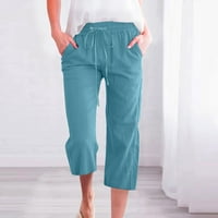 Žene CAPRI Ljeto pamučne posteljine čvrstog casual obrezanih pantalona Elastrični džepovi za crtanje