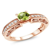 Gem Stone King 1. CT okrugli zeleni peridot 18K ružičasti pozlaćeni srebrni prsten