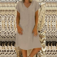 Žene ljetne haljine MIDI Cleariance Modne žene labave V-izrez ljeto Čvrsta kratka rukava pamučna i posteljina