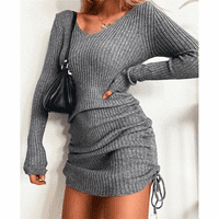 Ženska V-izrez duga suknja temperamentna struka pletena haljina žena srednja i dugačka tanka košulja