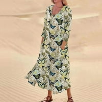 Yinguo Women Ljeto V izrez Print Maxi Dress Casual Labavi džepovi Dugi haljina kratkih rukava Split