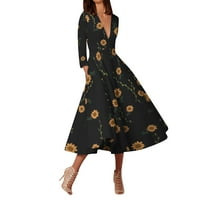 Poslovna casual haljina za žene Soild Deep V pulover dugih rukava Summer Summe haljina crna m
