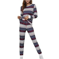 Ženske pidžame - O-izrez casual odijelo dvije božićne hlače Pulover dugih rukava patchwork setovi plavi xxl