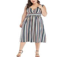 Haite Ladies midi haljina V izrez Sunderss Plus size Ljetne haljine plaža Travel Striped Blue 2xl