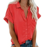 Atinetok ženske vrhove Dressy Casual Beach casual gumb dolje slobodne svjetlosne kardiganske majice sa džepom kratkih rukava V-izrez V-izrez, puna ljetna bluza crvena xxxl