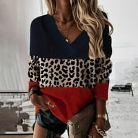 Pad bluze za žene casual ženski dugi rukav plus plus veličina Leopard patchwork V-izrez majica na vrhu crvene xs