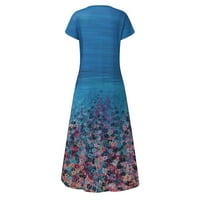 Ženske haljine kratki rukav tiskani casual maxi a-line okrugli dekolte, ljetna haljina svijetlo plava
