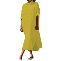 Ljetne haljine za žene modni casual henley dugih rukava s linijskim haljinama na srednjim duljinama labave ženske haljine žuti s