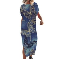 PBNBP MAXI haljine za žene Ljeto estetsko leptir cvjetno cvjetno kratki rukav bočni prorez haljina za plažu Ljetni štednji