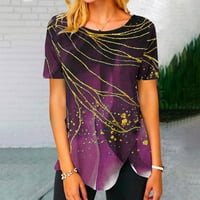 Ženski kratki rukav Trendy grafički print Crewneck T košulje Comfy Labavi gumb Side Strit Hem Casual Ljetna tunika Bluza