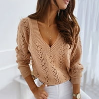 Kaicj džemperi za žene Ležerne prilike, pune boje šuplje V izrez pleteni džemper četvrti Zip žene