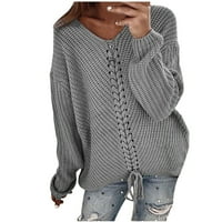 Fesfesfes Ženski džemperi Čvrsti džemper s dugim rukavima, Ležerni duks pletena V-izrez Prodaja ili