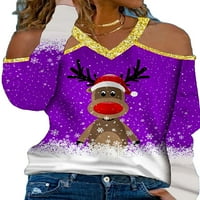 Žene oslikane božićne zabave TEE Hladne ramene rukave crtane majice