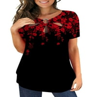 Sanviglor Women majica kratki rukav Ljetni vrhovi šuplji majica Loose Tee Radni pulover crveni cvjetni