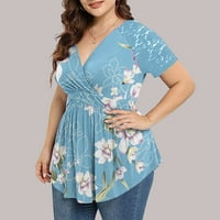 Ljetne košulje za žene kratki rukav Dressy Cloring Pleat T-majice V-izrez pulover Klasični cvijet vrhovi
