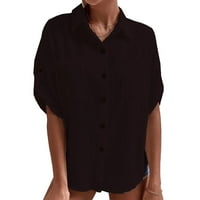 Ženska pamučna posteljina majica kratkih rukava dame ol rade čvrste gumb za bluzu bluza crna m