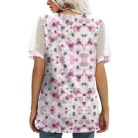 SKSLOEEG Bluze za žene Elegantna čipka Vintage Cvijet Print Tops Puff Majica kratkih rukava V izrez Patchwork Tops Majica Labavi Ležerstva za bluzu, Pink XXL