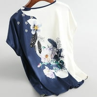Ženska bluza od svile na ledu Okrugli izrez Labavi cvijet Ispis kratkih rukava Top plus veličina plava