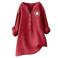 Sinimoko Ženska posteljina majica V-izrez Grafičke majice s dugim rukavima Loose gumb UP pamučne posteljine