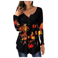 Majice za žene V-izrez cvjetne tiskane tunike tipke dugih rukava labava bluza TEE majica top bluza