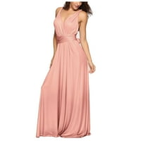 Ženske haljine bez rukava A-line dužina gležnja modna V-izrez puna ljetna haljina ružičasta L