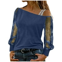 Huachen ženski modni dugi rukav pulover ravno vrat s ramena od pune boje Top majica plava xxxl