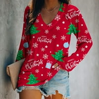 Prodaja ženske modne košulje s dugim rukavima V-izrez Božićni grafički grafički ispis bluza casual pulover vrhovi teen djevojke odjeća crveno xl