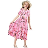 Rovga Toddler Djevojka haljina Djevojka casual haljina ljetni slica vrat kratki rukavi cvjetni cvjetni